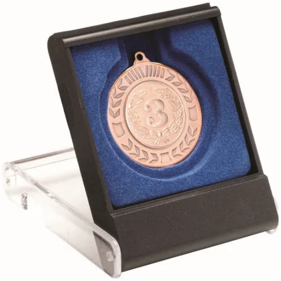 BLACK/CLEAR MEDAL BOX SMALL (40/50mm RECESS BLUE INSERT) - 3.5in