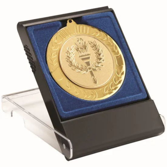 BLACK/CLEAR MEDAL BOX LARGE (50/60/70mm RECESS BLUE INSERT) - 4.75in