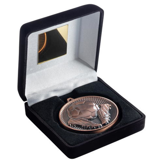 Black Velvet Box And 60mm Medal Football Trophy - Antique Gold - 4in (102mm)