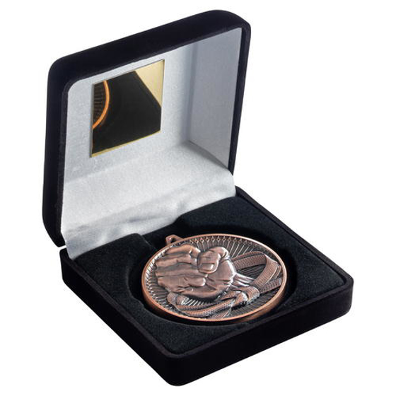 Black Velvet Box And 60mm Medal Martial Arts Trophy - Antique Gold - 4in (102mm)