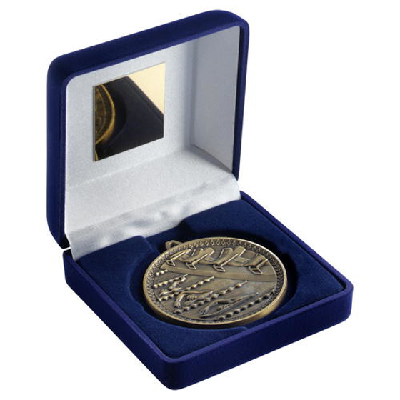 Blue Velvet Box And 60mm Medal Swimming Trophy - Bronze - 4in (102mm)