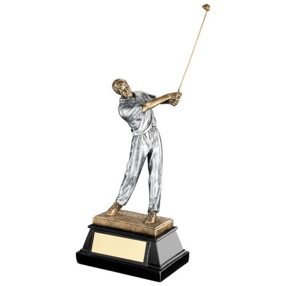 Brz/pew 'end Of Swing' Golfer On Black Base Trophy - 10.25in (260mm)