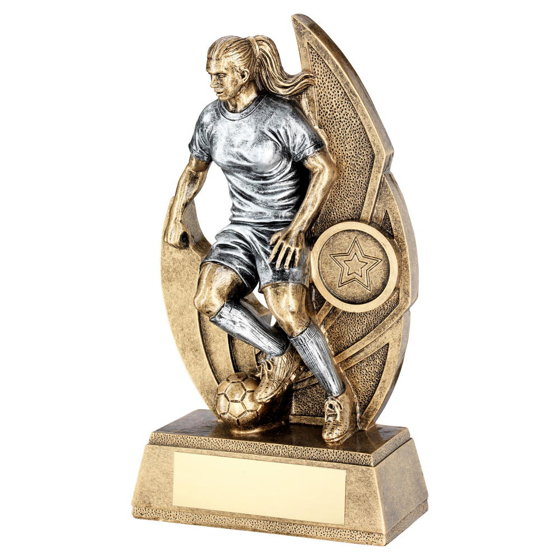 Brz/pew Female Football Figure On Backdrop Trophy (1in Centre) - 8.5in (216mm)