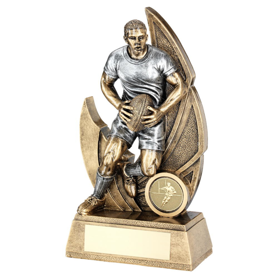 Brz/pew Male Rugby Figure On Backdrop Trophy (1in Centre) - 7.25in (184mm)