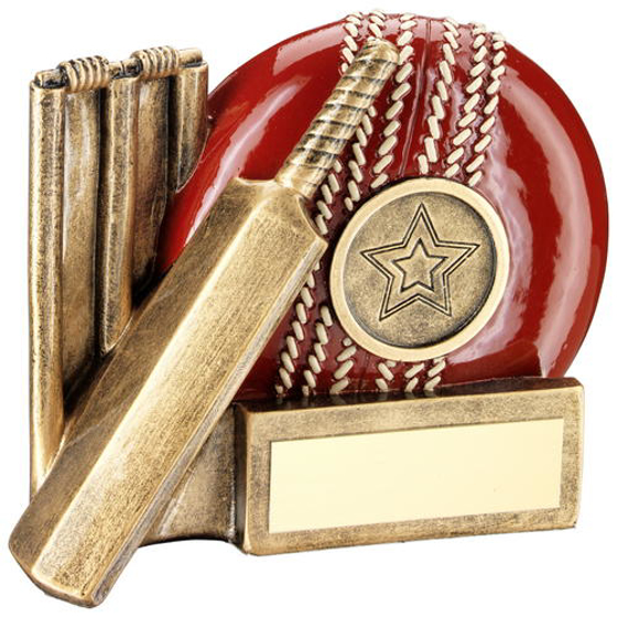 Brz/red Cricket Ball, Bat And Stumps Chunky Flatback Trophy (1in Centre) - 4.25" (108mm)