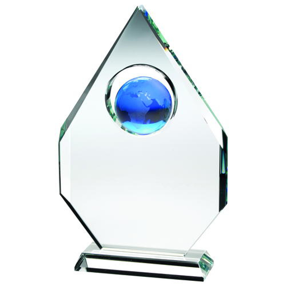 Clear Glass Diamond Plaque With Blue Globe -  (18mm Thick) 13in (330mm)