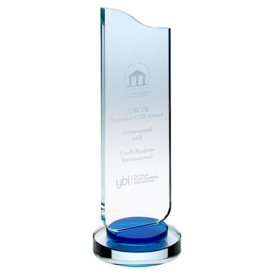 Clear Glass Plaque With Blue Collar On Round Base - 11.75in (298mm)