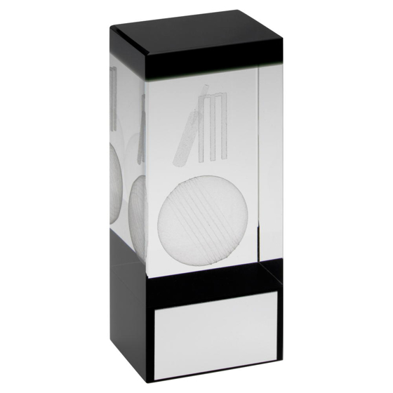 Clear/black Glass Block With Lasered Cricket Image Trophy - 5.5in (140mm)