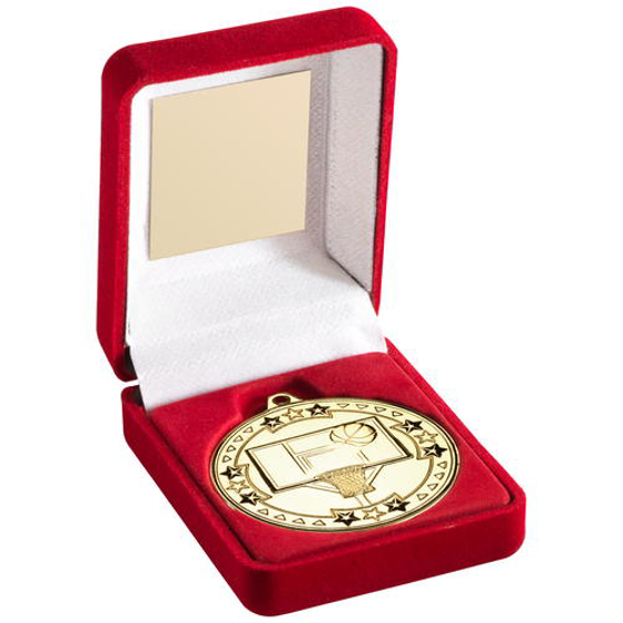 Red Velvet Box And 50mm Medal Basketball Trophy - Bronze 3.5in (89mm)