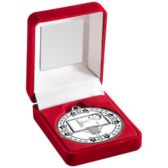 Red Velvet Box And 50mm Medal Basketball Trophy - Silver 3.5in (89mm)