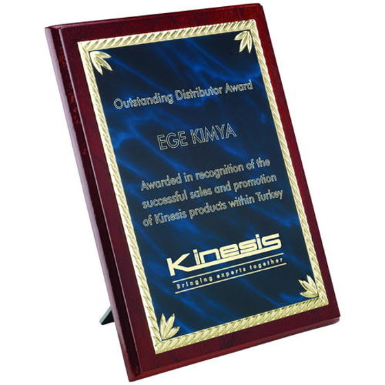 Rosewood Plaque With Blue/gold Aluminium Front - 8in (203mm)