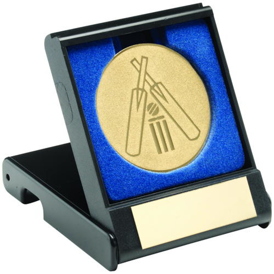 Black Plastic Box With Cricket Insert Trophy - Gold 3.5in (89mm)