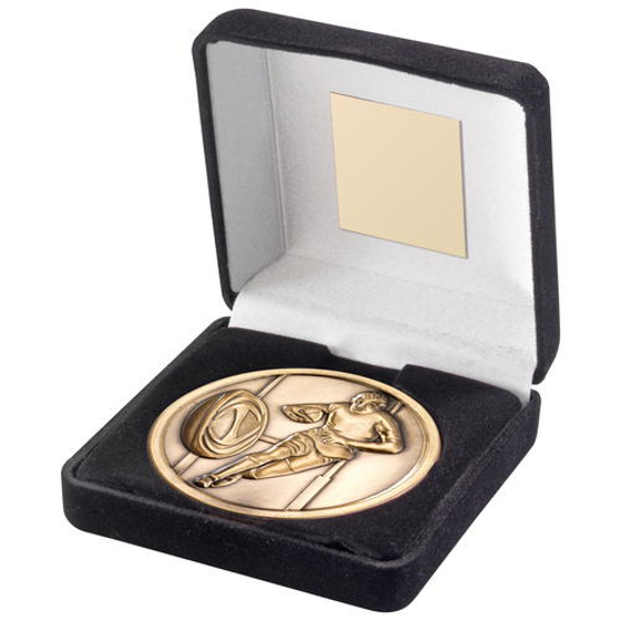 Black Velvet Box And 70mm Medallion Rugby Trophy - Antique Gold - 4in (102mm)