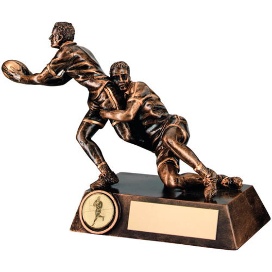 Brz/gold Double Rugby 'tackle' Figure Trophy - (1in Centre) 6.75in (171mm)