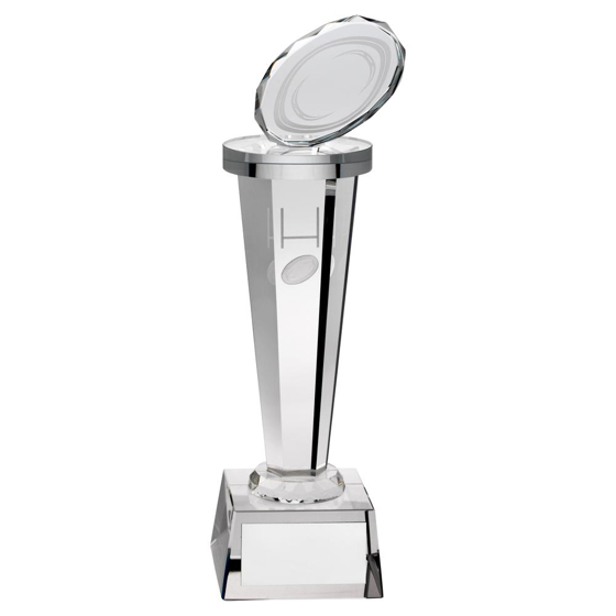 Clear Glass Column With Lasered Rugby Image Trophy - 8in (203mm)