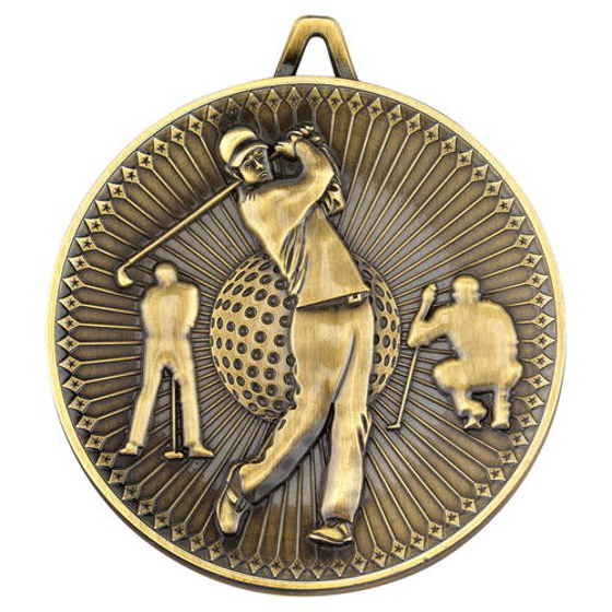 Golf Deluxe Medal - Antique Gold 2.35in (60mm)