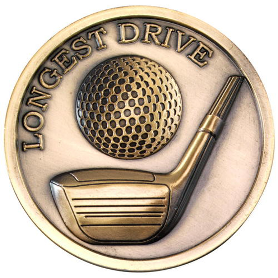 Golf Medallion - Antique Gold Longest Drive  2.75in (70mm)