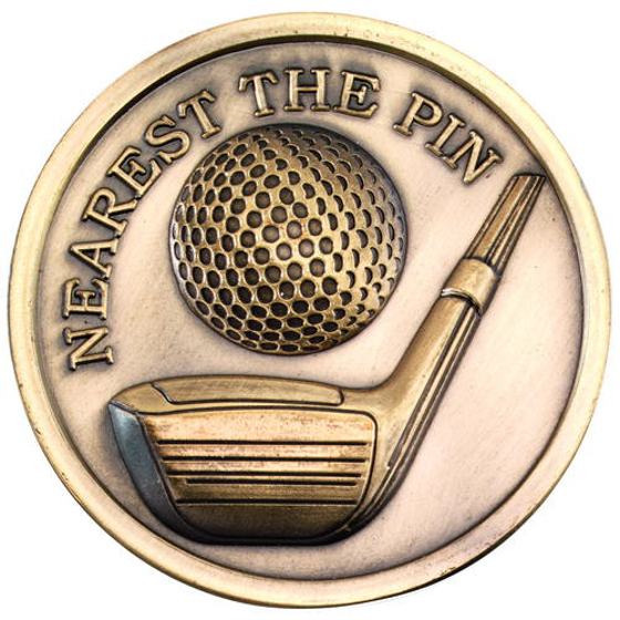 Golf Medallion - Antique Gold Nearest The Pin 2.75in (70mm)