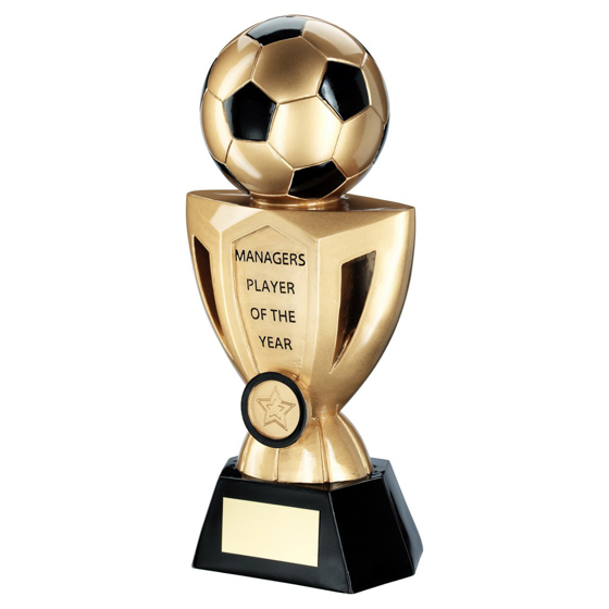 BRZ/PEW/GOLD FOOTBALL ON CUP WITH PLATE (1in CENTRE) - MANAGERS PLAYER 10in 254mm