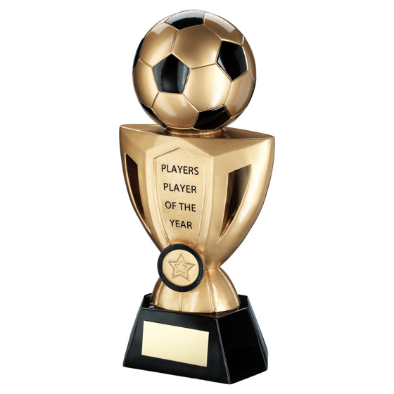 BRZ/PEW/GOLD FOOTBALL ON CUP WITH PLATE (1in CENTRE) - PLAYERS PLAYER 10in 254mm