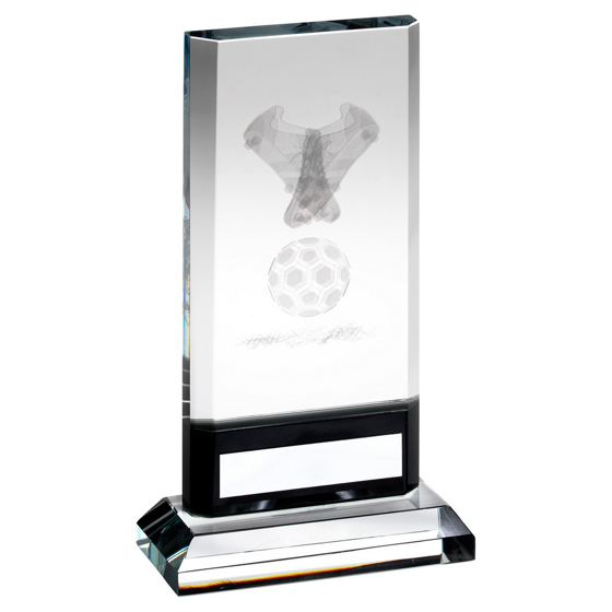 CLEAR/BLACK GLASS WITH LASERED FOOTBALL IMAGE AND PLATE (15MM THICK) - 8.25in 210mm