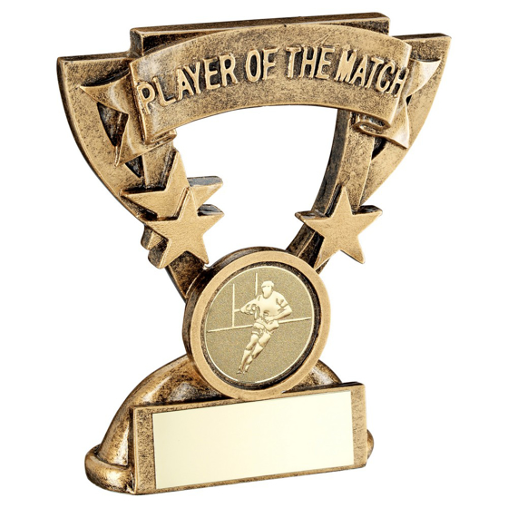 BRZ/GOLD PLAYER OF THE MATCH MINI CUP WITH RUGBY INSERT AND PLATE - 3.75in 95MM