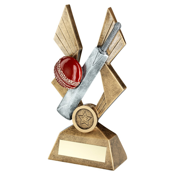 BRZ/PEW/RED CRICKET BALL AND BAT ON POINTED BACKDROP WITH PLATE (1in CEN) - 6in 152MM