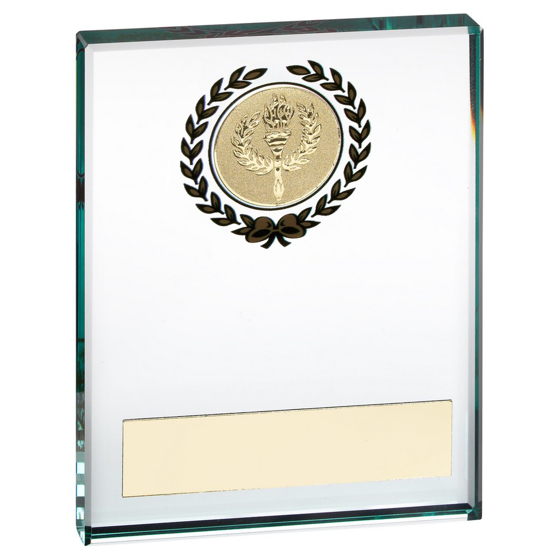 JADE GLASS BLOCK WITH GOLD WREATH 12MM THICK WITH PLATE (1in CENTRE) - 3 x 4in 76 X 102MM