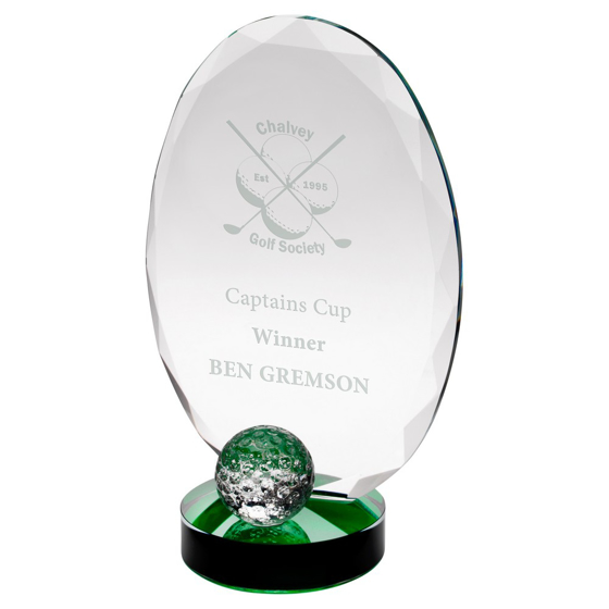 CLEAR GLASS OVAL AND GOLF BALL WITH GREEN HIGHLIGHTS (10MM THICK) - 8.25in 210MM