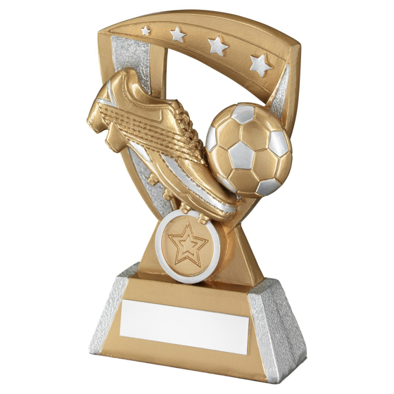 Picture of GOLD/SILVER FOOTBALL AND BOOT ON 4 STAR SHIELD WITH PLATE (1in CENTRE) - 6in 152MM