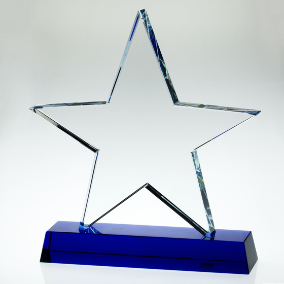 Picture of CLEAR GLASS STAR PLAQUE ON BLUE BASE (19MM THICK) - 8.25in