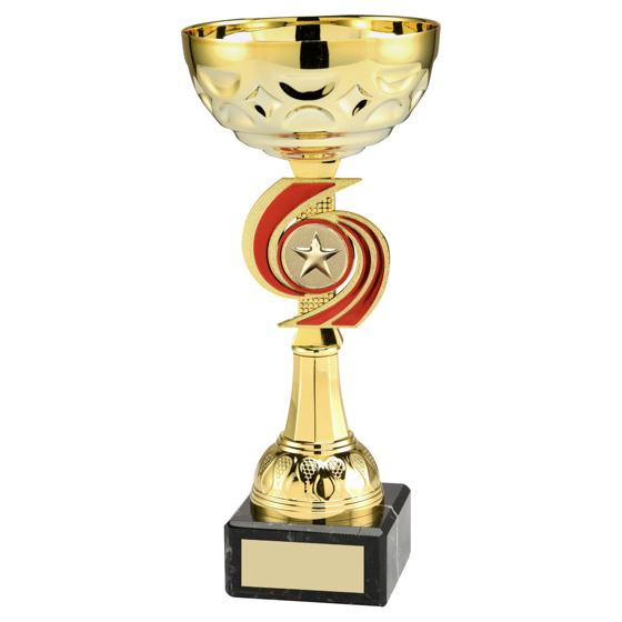 Picture of GOLD/RED SWIRL TROPHY CUP WITH PLATE (1in CENTRE) - 7.25in