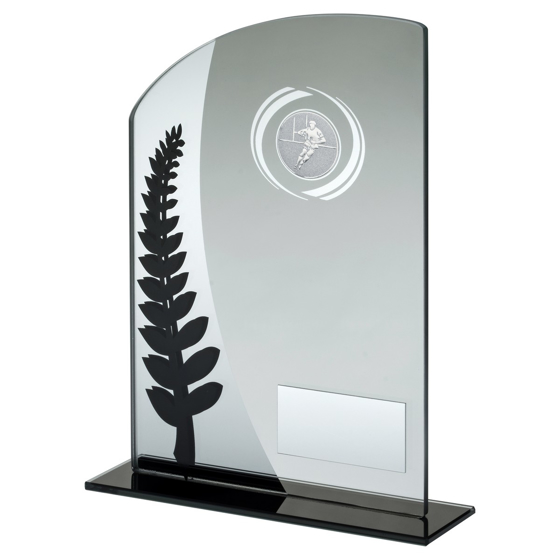 Picture of JADE GLASS PLAQUE WITH BLACK/SILVER DETAIL WITH RUGBY INSERT AND PLATE - 8in