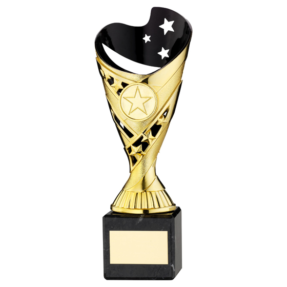 Picture of GOLD/BLK PLASTIC 'SABRE' CUP ON BLK MARBLE ASSEMBLED TROPHY (1" CEN) - 10in