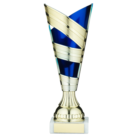 Picture of Gold/blue Plastic V Stem Trophy Cup With Plate - 8.25in