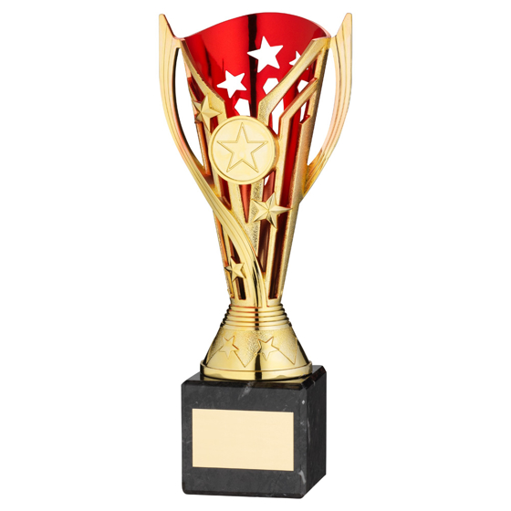 Picture of GOLD/RED PLASTIC 'FLASH' CUP ON BLACK MARBLE ASSEMBLED TROPHY (1" CEN) - 6.75in