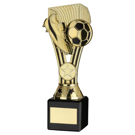 Picture of GOLD/BLACK PLASTIC 'WEMBLEY' FIGURE ON BLACK MARBLE TROPHY - (1in CEN) - 10in