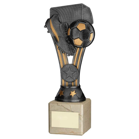 Picture of PEWTER/GOLD PLASTIC 'WEMBLEY' FIGURE ON CREAM MARBLE TROPHY - (1in CEN) - 10in