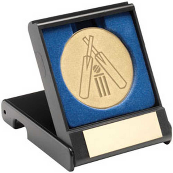 Picture of BLACK PLASTIC BOX WITH CRICKET INSERT TROPHY GOLD - 3.5in