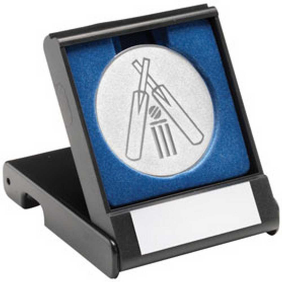 Picture of BLACK PLASTIC BOX WITH CRICKET INSERT TROPHY SILVER - 3.5in