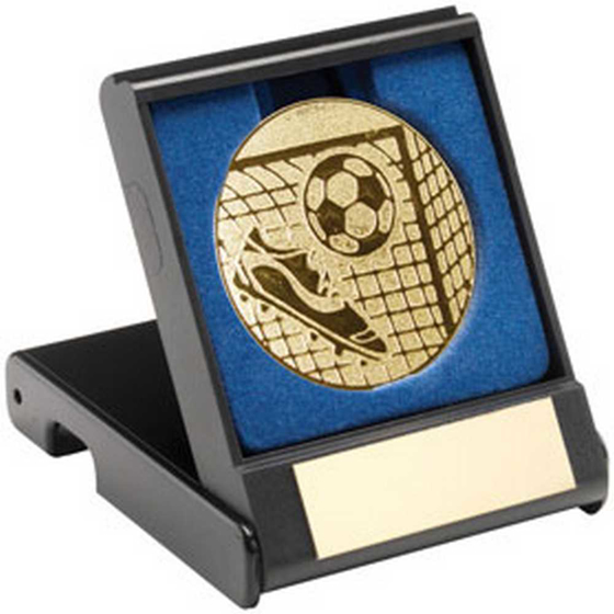 Picture of BLACK PLASTIC BOX WITH FOOTBALL INSERT TROPHY GOLD - 3.5in