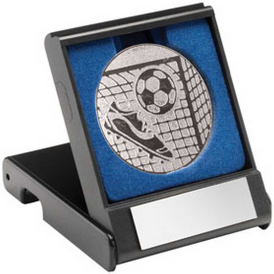 Picture of BLACK PLASTIC BOX WITH FOOTBALL INSERT TROPHY SILVER - 3.5in