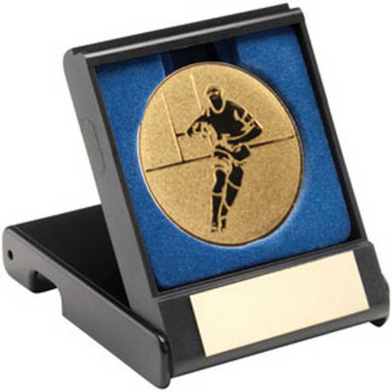 Picture of BLACK PLASTIC BOX WITH RUGBY INSERT TROPHY GOLD - 3.5in