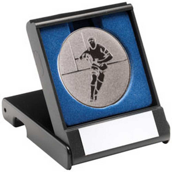 Picture of BLACK PLASTIC BOX WITH RUGBY INSERT TROPHY SILVER - 3.5in