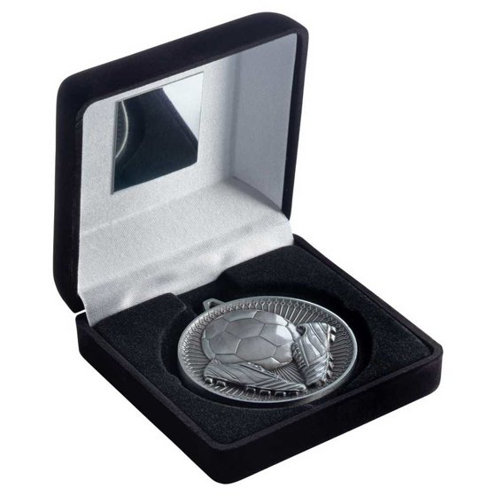 Picture of BLACK VELVET BOX AND 60mm MEDAL FOOTBALL TROPHY ANTIQUE SILVER - 4in