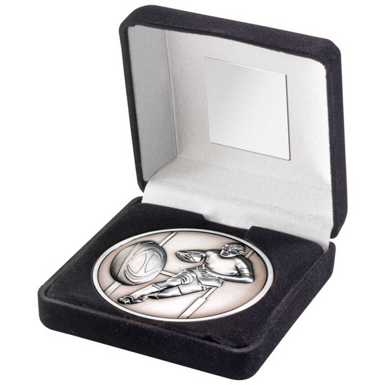 Picture of BLACK VELVET BOX AND 70mm MEDALLION RUGBY TROPHY ANTIQUE SILVER - 4in