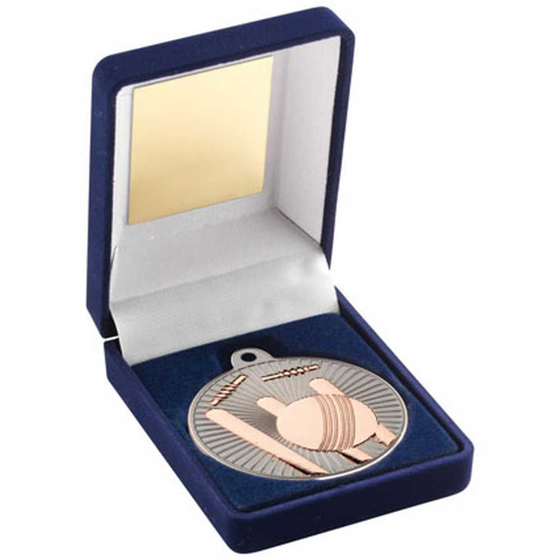 Picture of BLUE VELVET BOX AND 50mm CRICKET MEDAL TROPHY MATT SILVER/BRONZE - 3.5in