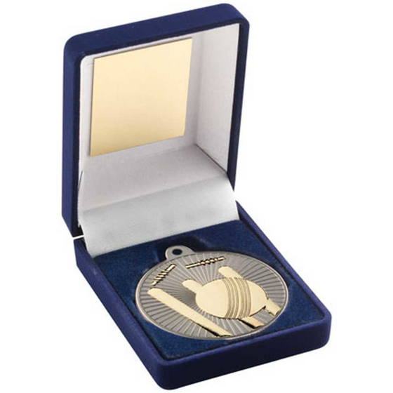 Picture of BLUE VELVET BOX AND 50mm CRICKET MEDAL TROPHY MATT SILVER/GOLD - 3.5in