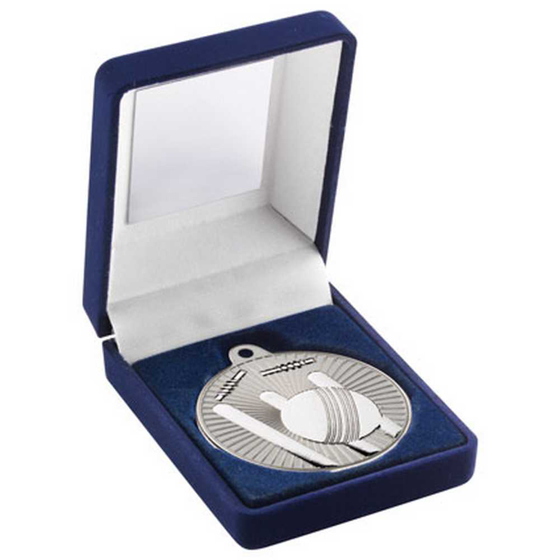 Picture of Blue Velvet Box And 50mm Cricket Medal Trophy Matt Silver/silver - 3.5in