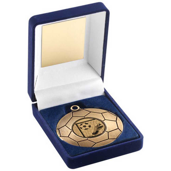 Picture of BLUE VELVET BOX AND 50mm FOOTBALL MEDAL TROPHY ANTIQUE GOLD (1in CEN) - 3.5in